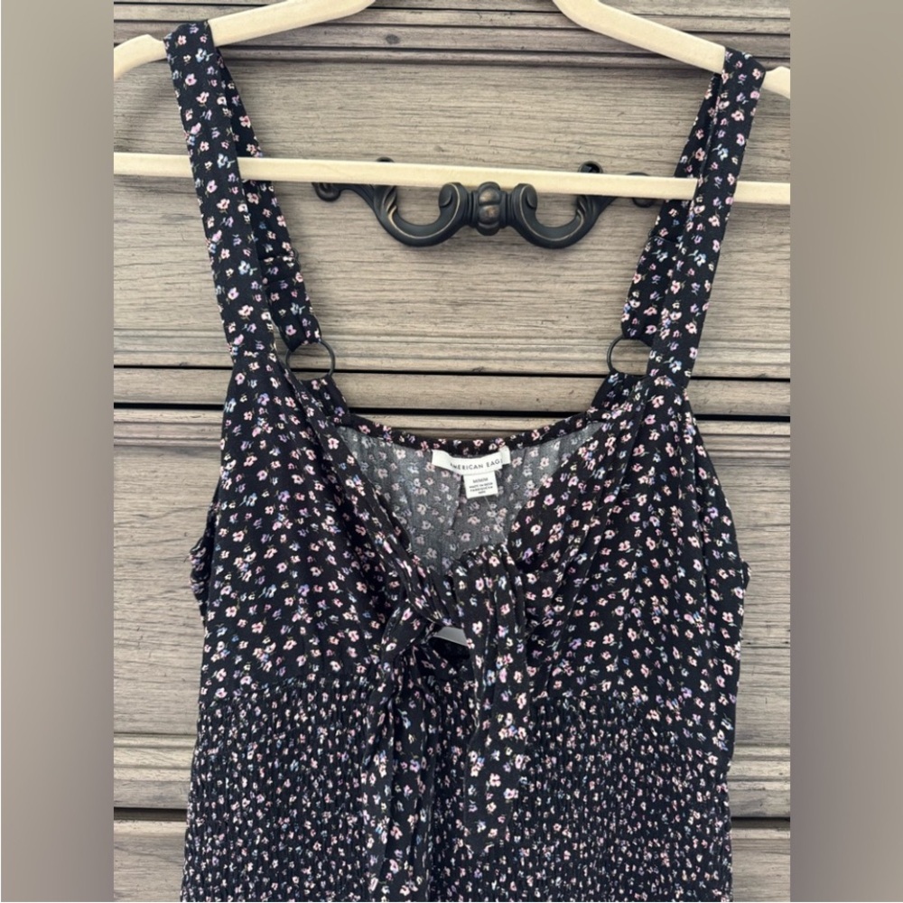 NEW American Eagle Floral Dress NWT Black Smocked Ruffle Hem Tie Front Medium - Picture 4 of 14